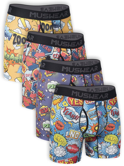 Set of 4 MUSWEAR Men's Boxer Shorts, Moisture-Wicking, Sweat-Absorbing, Side-Opening, Long Length, Print, Quick-Dry Sports Underwear in Cartoon Graffiti Comic Style.