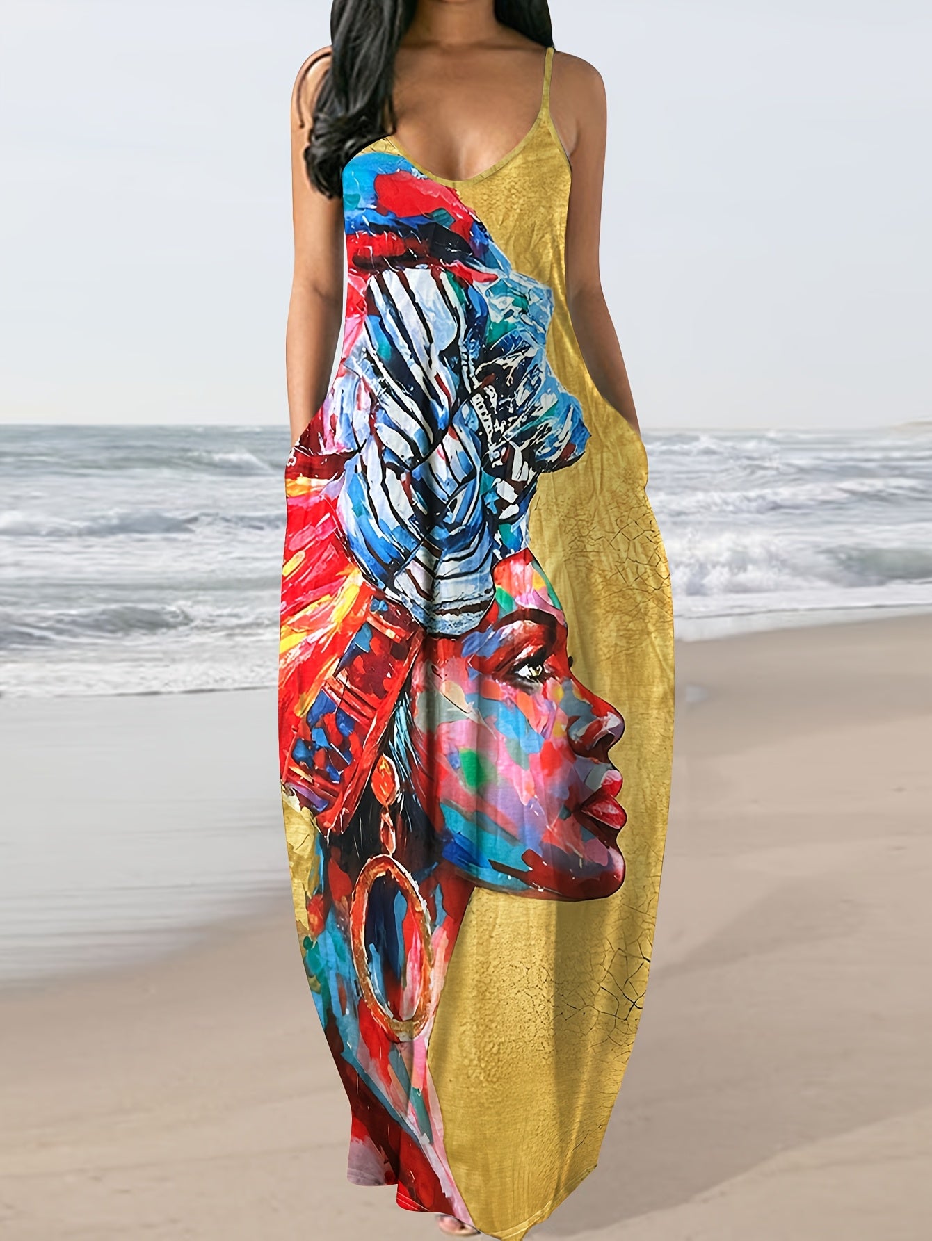 Women'S Long Dress Featuring a Portrait Print, Designed in a New European And American Style with Straps for Summer