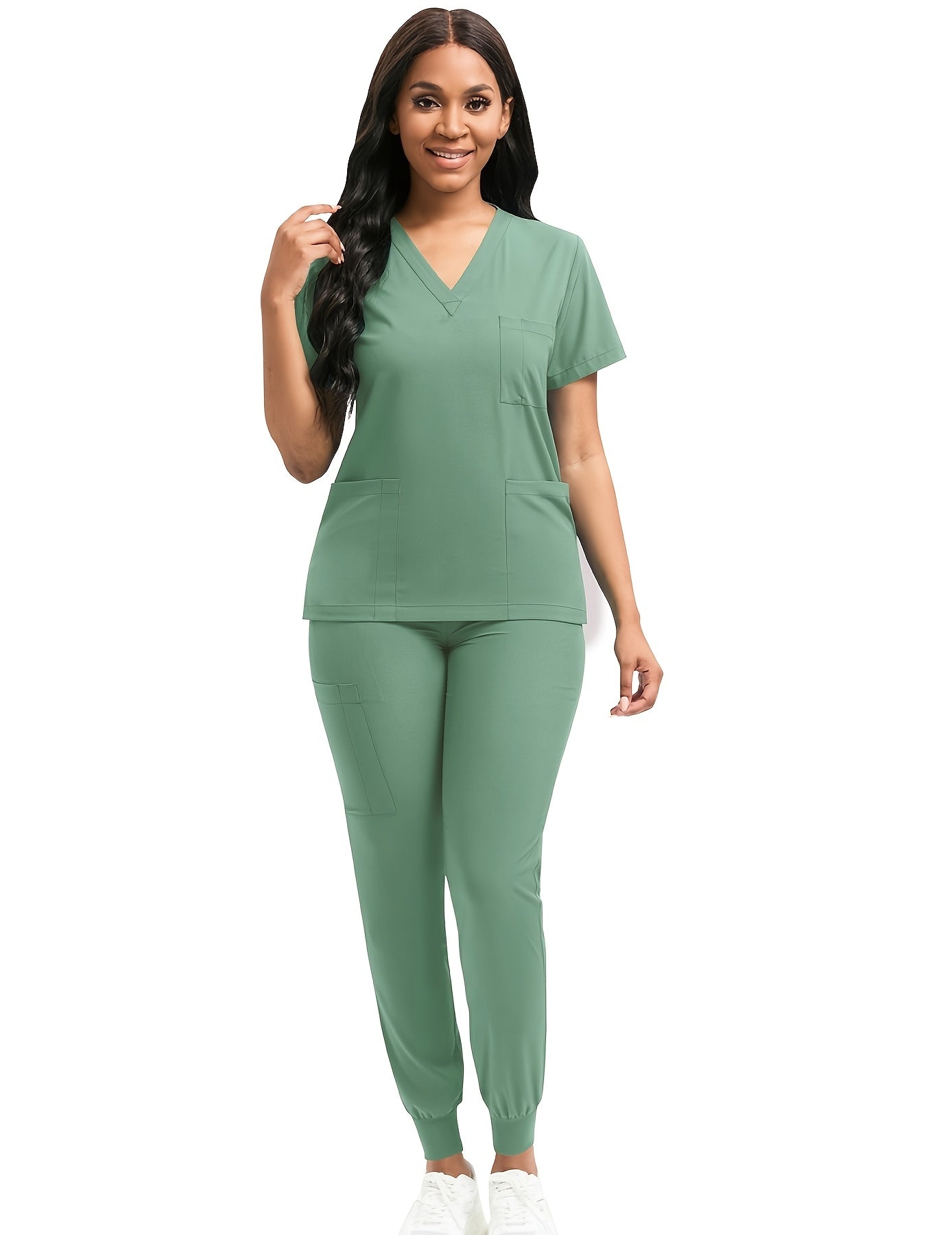 [Scrub Suit Set] Scrub Suit Set For Women Modern V-Neck Top T-Shirt & Tapered Leg Jogger Pants With Drawstring 2pcs Set Nursing Uniforms Set Suitable For Pet Hospitals, Dental Clinics, Nursing Work, Etc