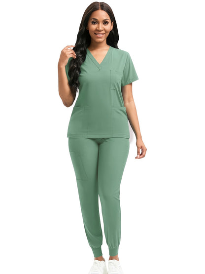 [Scrub Suit Set] Scrub Suit Set For Women Modern V-Neck Top T-Shirt & Tapered Leg Jogger Pants With Drawstring 2pcs Set Nursing Uniforms Set Suitable For Pet Hospitals, Dental Clinics, Nursing Work, Etc