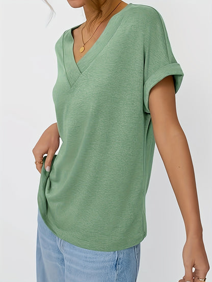 Ladies Top 2025 Europe And The United States Fashion Casual Solid Color No Print V-neck T-shirt for Women
