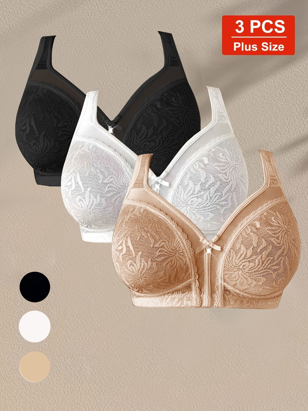 Women’s Plus Size 3-Pack Wireless Bra - Lace Detail Comfort
