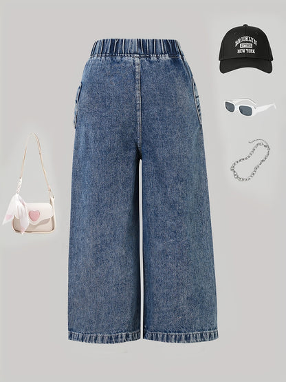 Girls' Fashion Washed Denim Pants for The Autumn 2025 Collection - Loose Fit Wide-leg Jeans, Casual Children's Playwear, Playful Children's Clothing, Classic Wide-leg Jeans, Non-stretch Fabric
