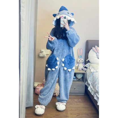 [Hooded Coral Fleece] Winter Jumpsuit Sleepwear, Cute And Sweet Shark Nightgown, Hooded Coral Fleece Thickened And Plush Cartoon Home Outfit