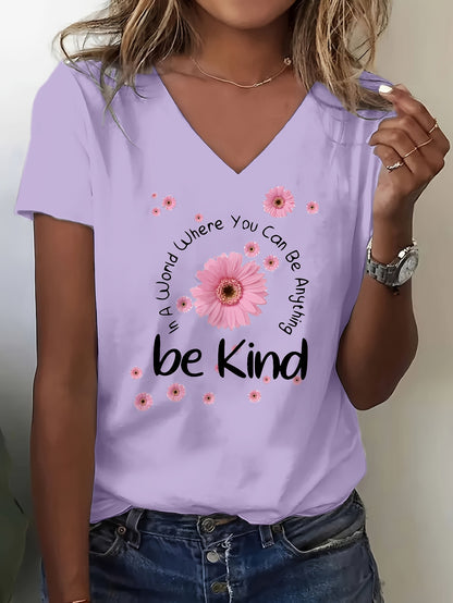 Casual Artistic Printed T-Shirt, Very Suitable for Home Use, Going Out, Or As a Gift|Ideal for Birthday Gifts, Valentine'S Day, Etc. Women'S V-Neck Short Sleeve Top with Flowers And "Be Kind" Text Combination, Conveying Positive Energy