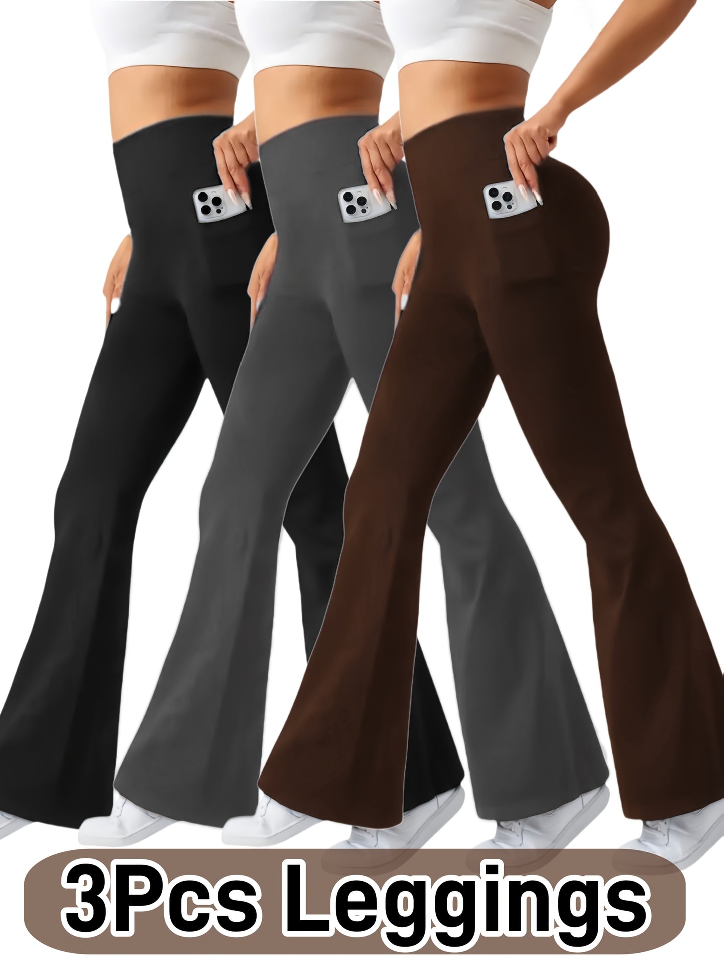 Ultra-Soft High-Waist 3pcs Women'S Flare Leggings With Side Pockets - Tummy Control, Stretchy Bootcut Pants For & Casual Wear - 4 Colors, Four Seasons, Style, Occasion
