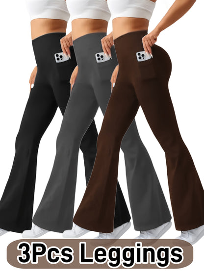Ultra-Soft High-Waist 3pcs Women'S Flare Leggings With Side Pockets - Tummy Control, Stretchy Bootcut Pants For & Casual Wear - 4 Colors, Four Seasons, Style, Occasion