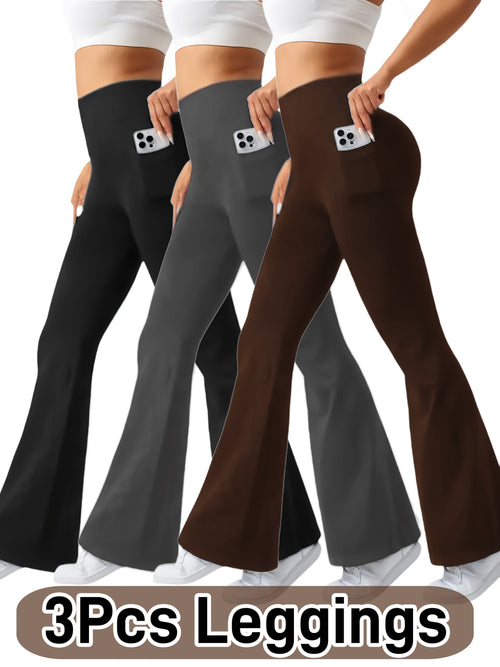 Ultra-Soft High-Waist 3pcs Women'S Flare Leggings With Side Pockets - Tummy Control, Stretchy Bootcut Pants For & Casual Wear - 4 Colors, Four Seasons, Style, Occasion