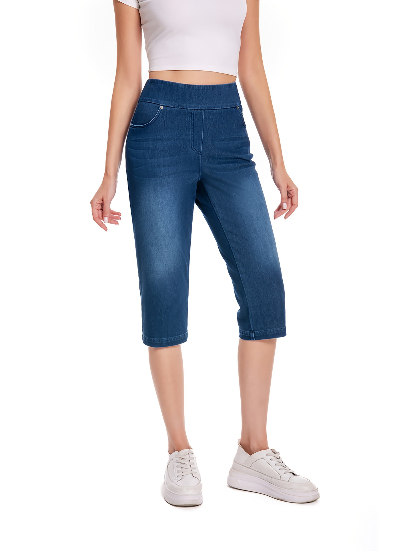 Lady Pull on Denim Capri with Pocket And Rivet Super Soft And Stretch