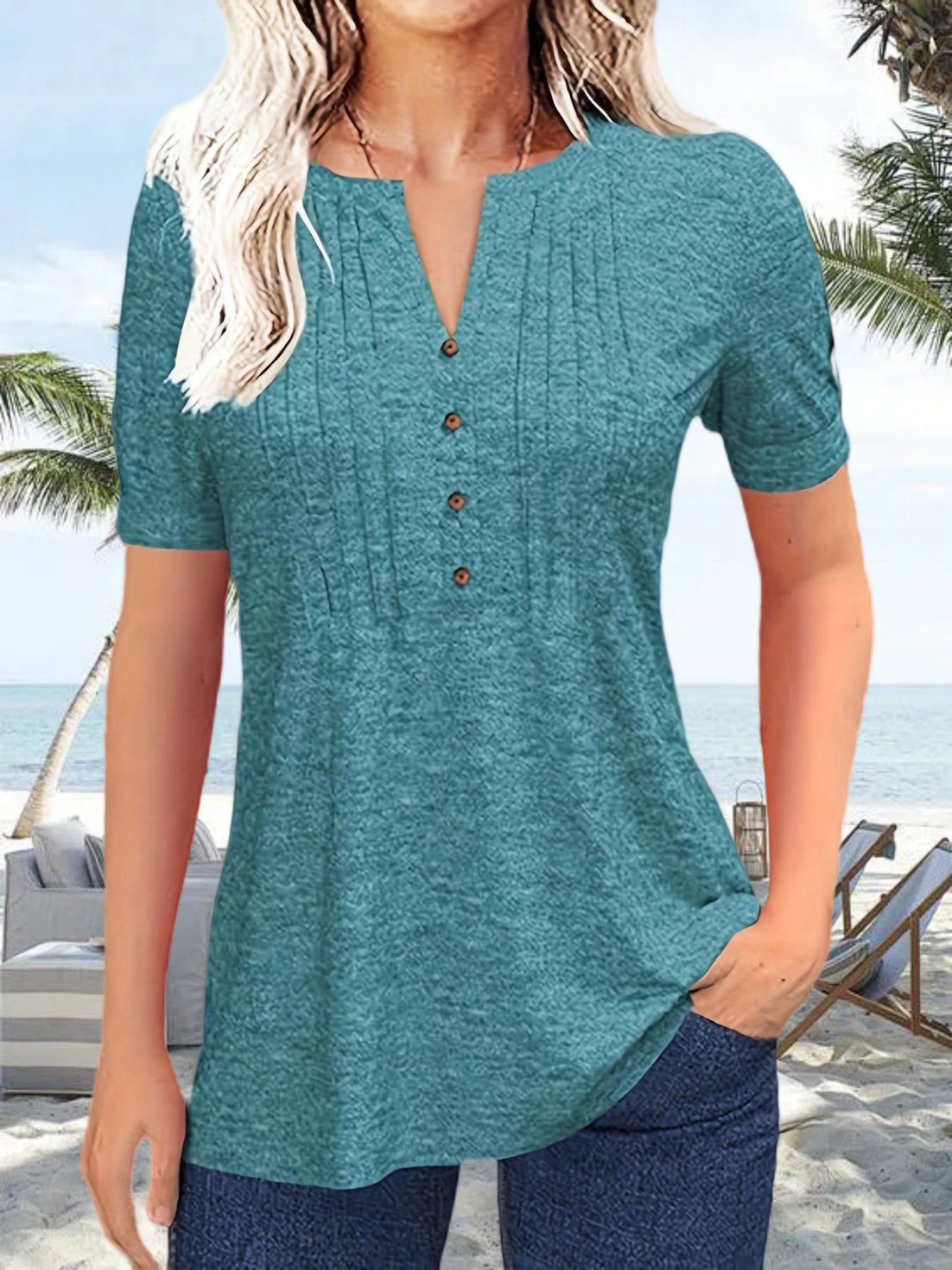 Women's Hot-selling Summer Casual V-Neck Pleated Blouse Short Sleeve Button-Up Solid Color Top
