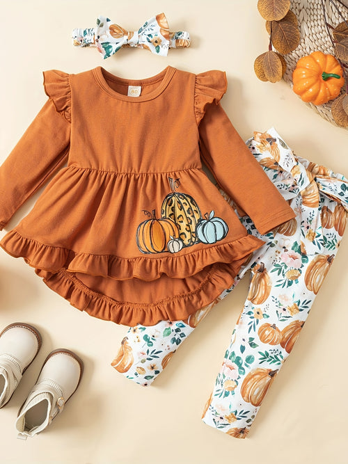 Toddler Baby Girl Halloween Outfits Long Sleeve Pumpkin Print Shirt Pants Baby Girl Thanksgiving Fall Clothes, Perfect for Outdoor