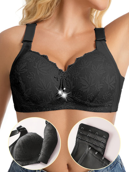 5pcs Pink Lace Full-Cup Wire-Free Bras - Medium Support, Comfortable Wide Straps, Leaf Pattern Embroidery & Elegant Rhinestone Accents, Adjustable Straps