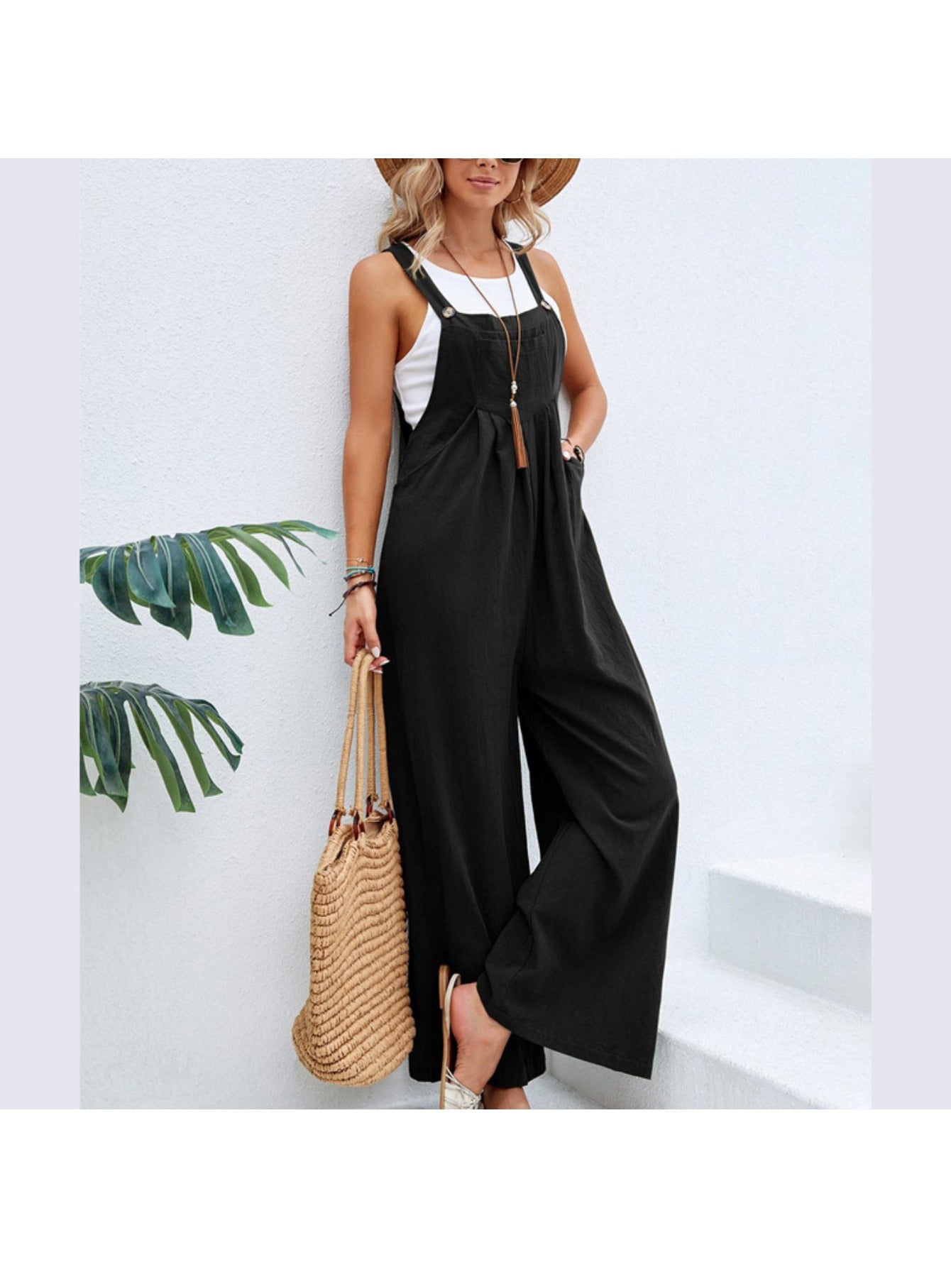 Retro Style Women'S Jumpsuit with Wide Legs, Mid-Rise Solid Color Overalls for Casual Daily Wear, Effortless Boho Chic One-Piece Pants