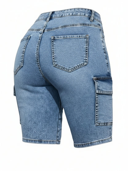 Women'S Multi-Pocket Blue Denim Shorts - Slim Fit with Stretch And Side Pockets, Machine-Washable Comfortable Casual Pants, Suitable for Both Everyday And Formal Outfits, Perfect for Summer Outings