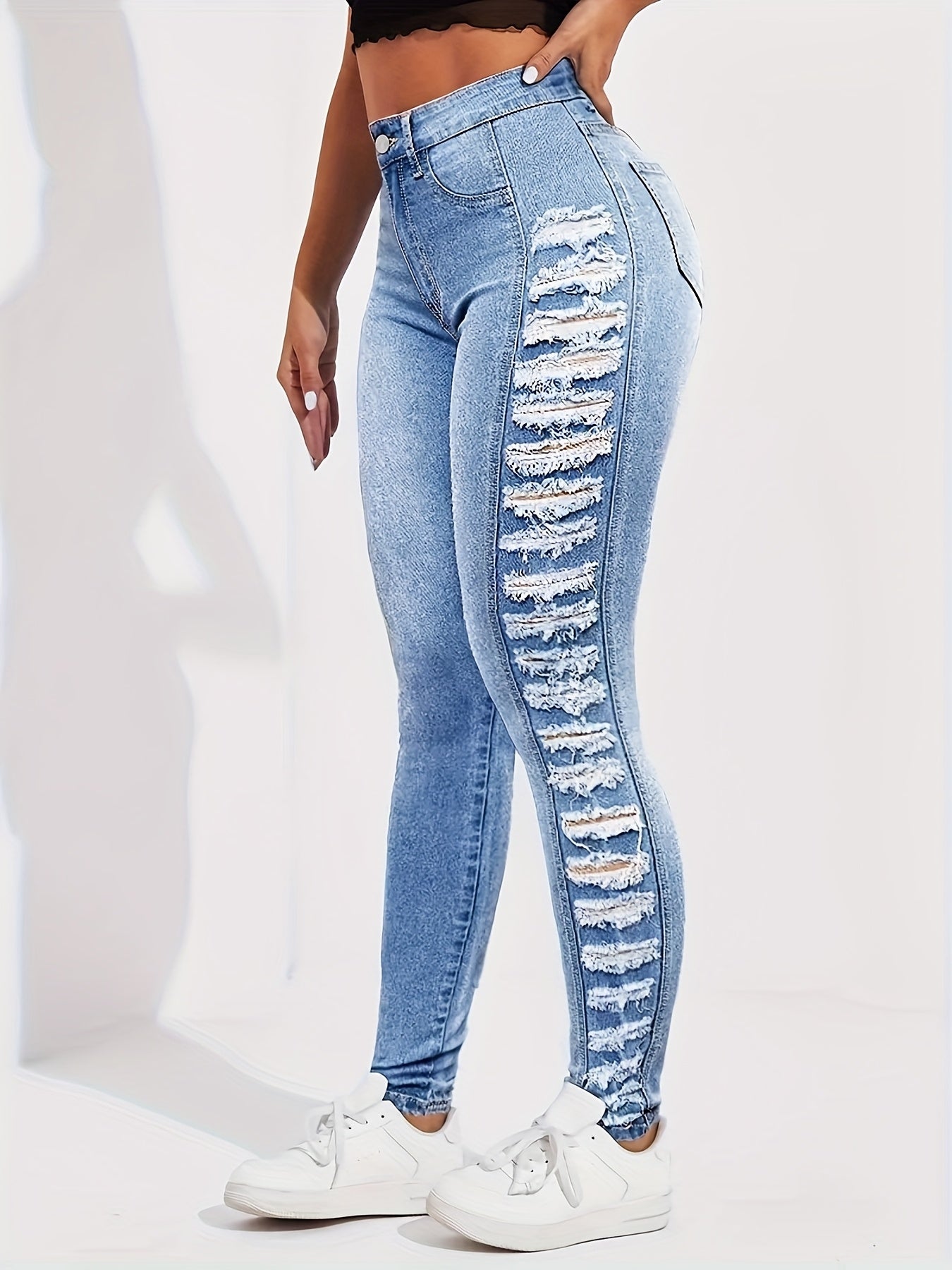 Women's High-Waisted Jeans with Side Ripped Detail - Stretchy All-Season Casual Pants, Machine Washable & No Belt Needed