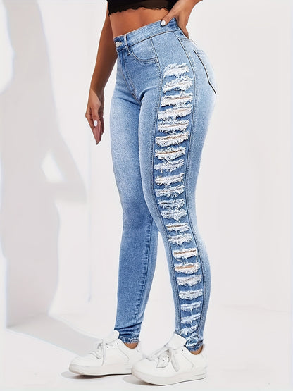 Women's High-Waisted Jeans with Side Ripped Detail - Stretchy All-Season Casual Pants, Machine Washable & No Belt Needed