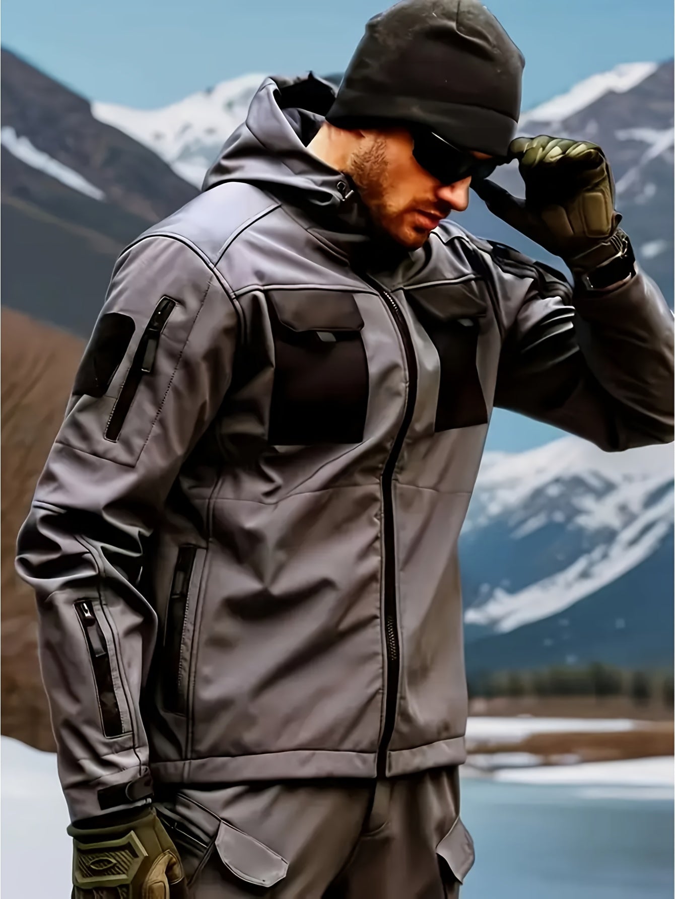 Men's Fleece-Lined Softshell Tactical Winter Jacket with Zip-Up Hooded Coat, Multiple Pockets & Lining - Outdoor Skiing, Hiking, Camping Workwear - Machine Washable Warm Fall/Winter Gear for Cold Weather Activities (Polyester)