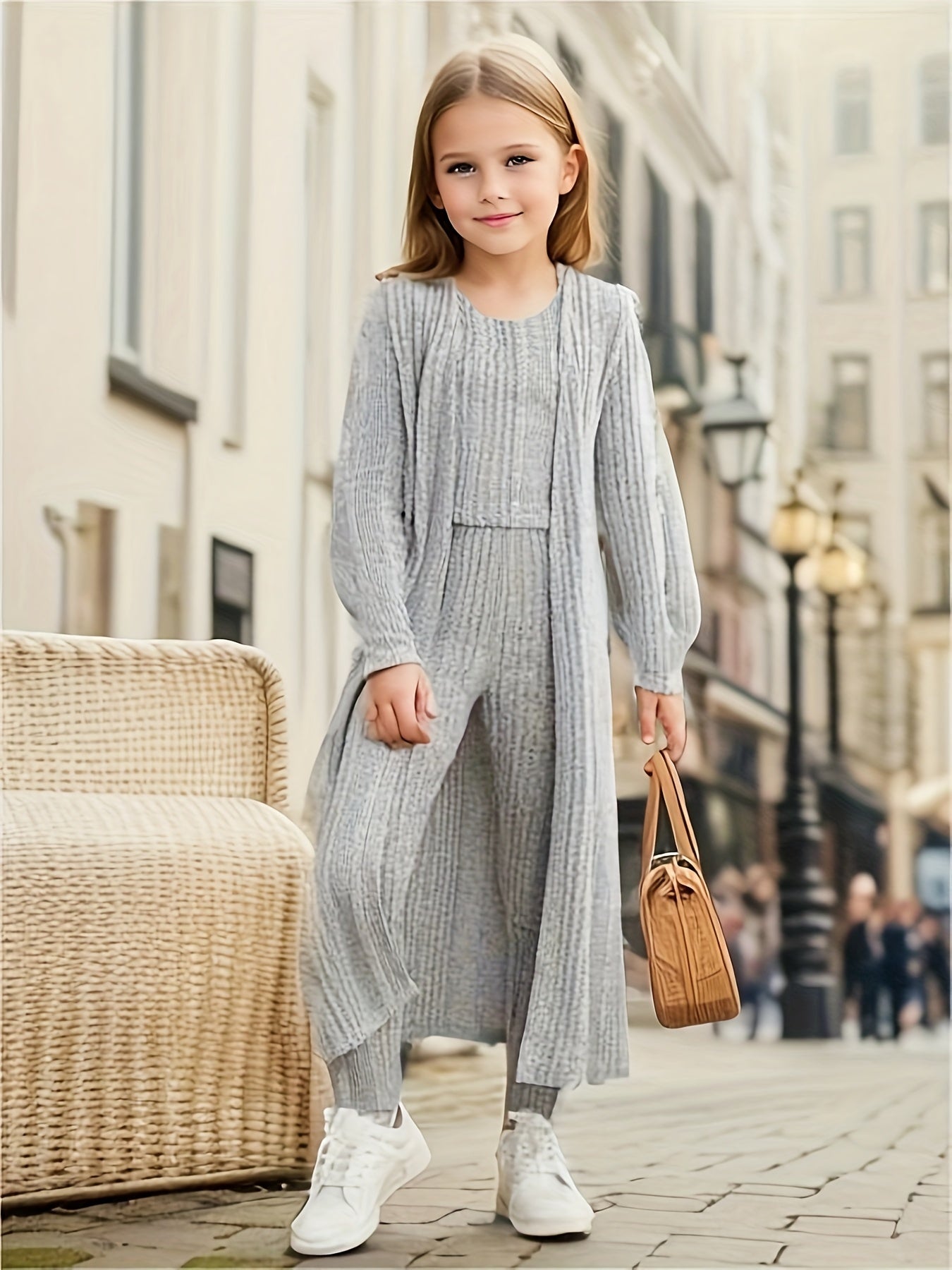 Stretchy Knitwear 3pcs Girls, Long Sleeve Shawl Knit Cardigan + Top + Leggings Kids Gift, perfect for casual outdoors & walking dog, Perfect for Outdoor