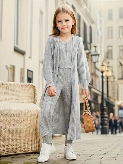Stretchy Knitwear 3pcs Girls, Long Sleeve Shawl Knit Cardigan + Top + Leggings Kids Gift, perfect for casual outdoors & walking dog, Perfect for Outdoor