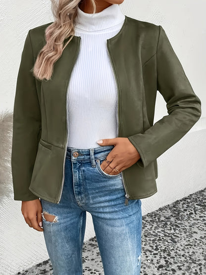 Today's Special! Women's Zip Up Casual Jacket - Slim Fit, Round Neck, Long Sleeve Coat, Trendy, Versatile for All Seasons, Multiple Colors (Black Friday Preview)