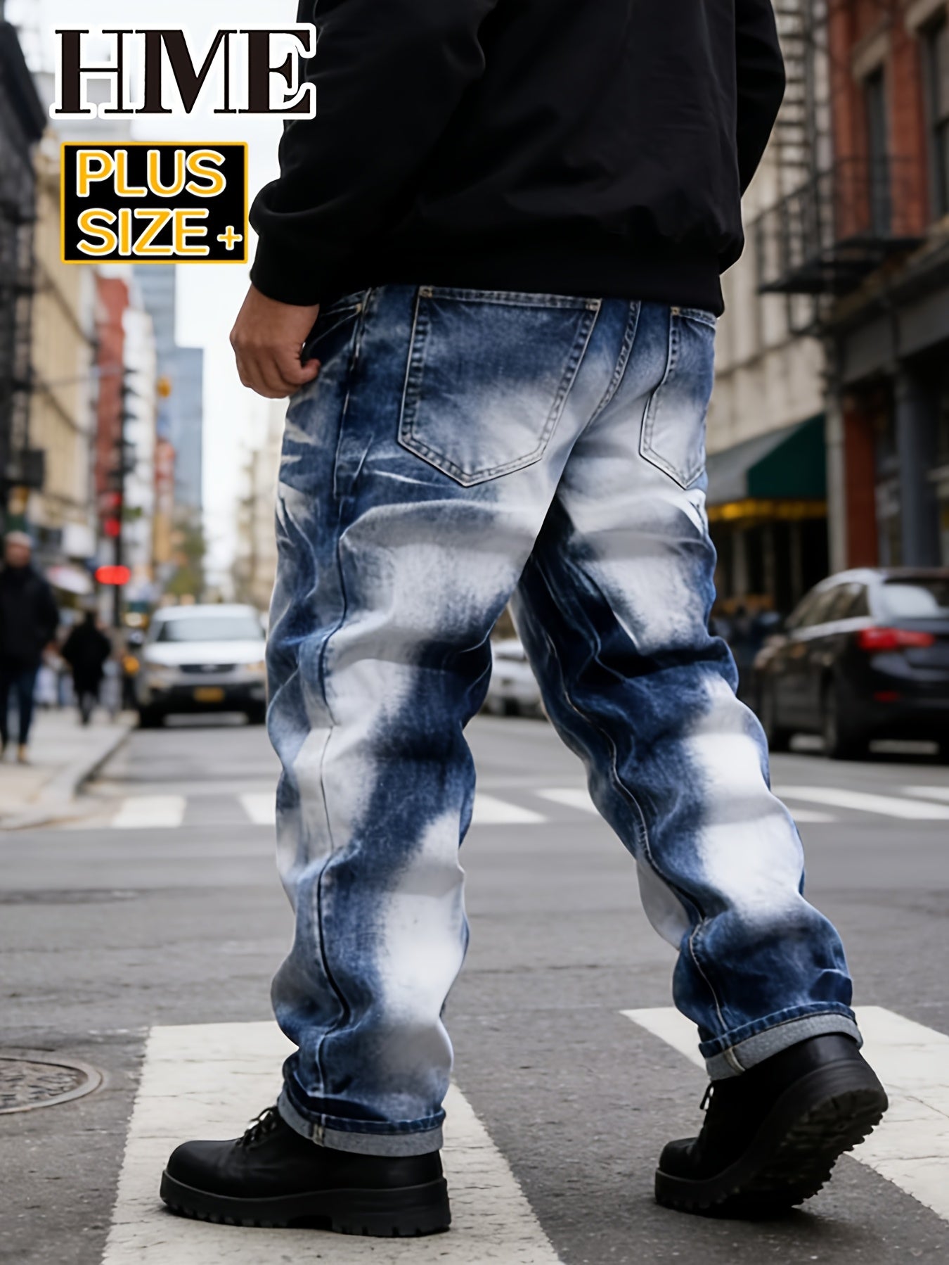 [HME]Men's Plus Size Denim Pants, Slim-Fit Straight Cuts, Extra Large & Wide Sizes 1XL-6XL for Big Guys, Perfect for Outdoor, Casual, And Daily Wear, Trendy Street Style, Distressed Washed Denim, PLUS SIZE