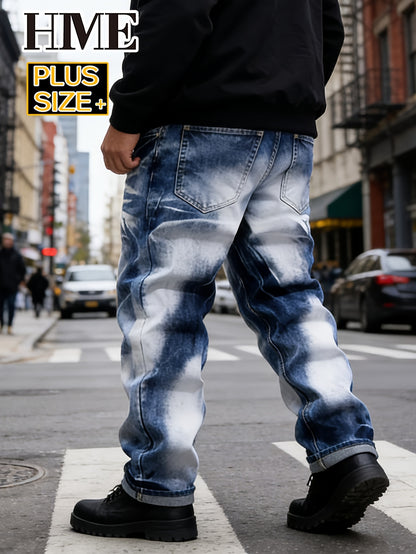 [HME]Men's Plus Size Denim Pants, Slim-Fit Straight Cuts, Extra Large & Wide Sizes 1XL-6XL for Big Guys, Perfect for Outdoor, Casual, And Daily Wear, Trendy Street Style, Distressed Washed Denim, PLUS SIZE