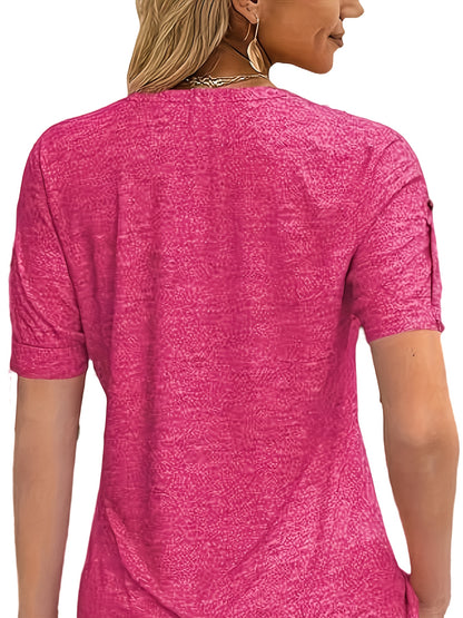 Casual Short-Sleeve T-Shirt for Women, Featuring a Pleated Design And V-Neck in Solid Colors, Perfect for Summer