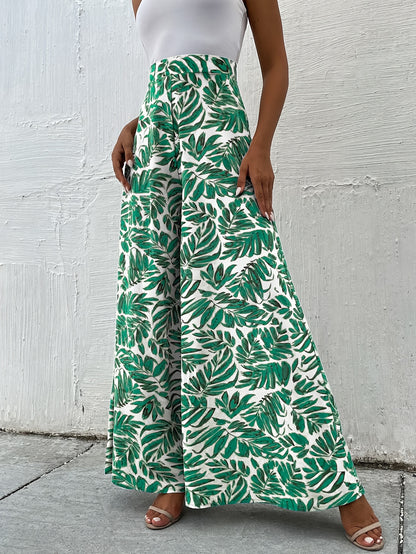 Women's High Waist Leaf Print Wide Leg Palazzo Pants - Super Long Flowy Bohemian Style, Machine Washable Non-Stretch Fabric for Spring & Autumn Casual Wear, Autumn Apparel, Lightweight Design