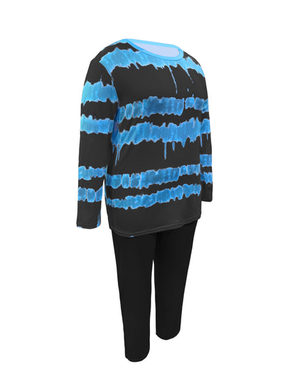Plus Size - Plus-size Fashion Tie-dye Striped Print Long-sleeved Trousers Suit, Suitable For Going Out