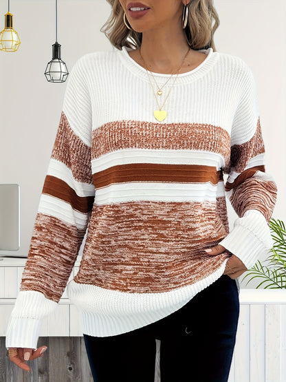 Women'S Fashion Striped Long Sleeve Sweater Color-Blocked Pullover Top Casual Ribbed Sweater