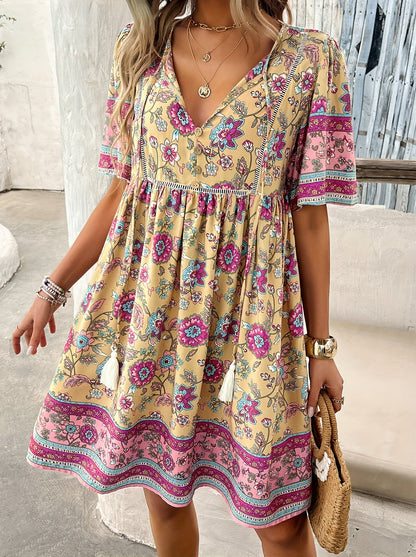 ZAFUL Summer Women's Dress, Women's Fashion New Elegant Romantic Bohemian Style Long Dress, Women's Fashion Deep V-neck Princess Sleeve Design, Fluffy High Waist Tassel Dress, Fashion Holiday Dress