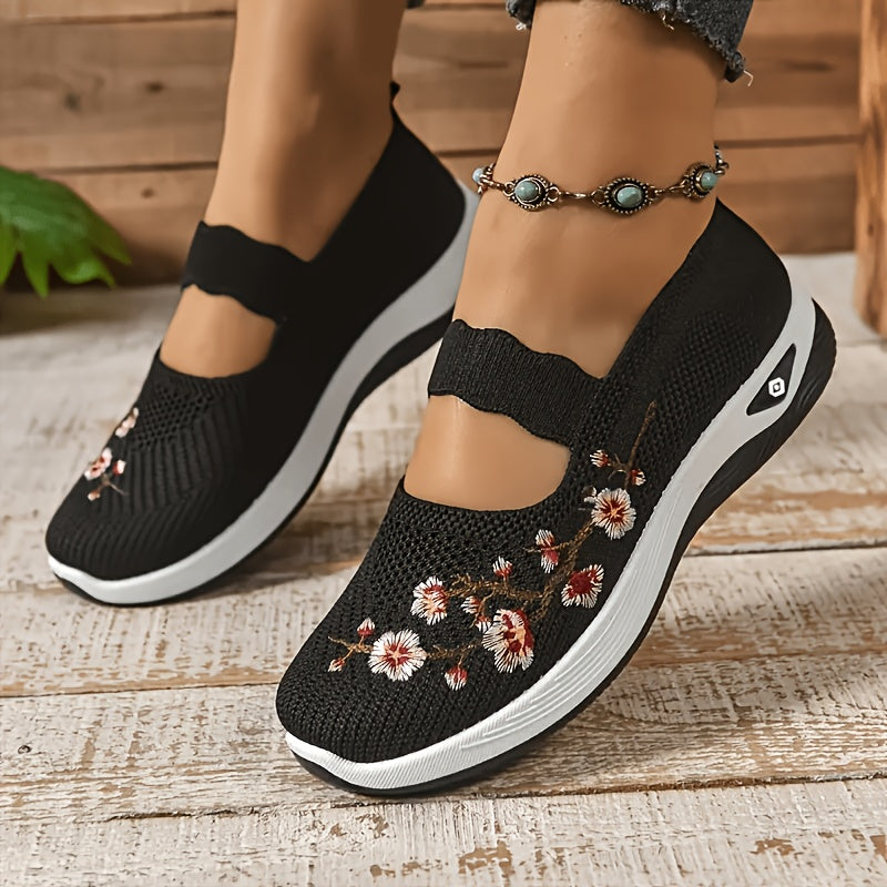 Women'S Orthopedic Walking Shoes for Nurses with Arch Support- Flower Embroidered Slip On Sneakers Featuring Breathable Knit Upper, Non-Slip Sole and Plush for All Day Comfort on Shift