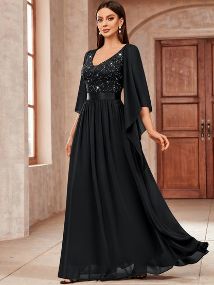 53303 Elegant Women's Lace & Sequin Bridesmaid Dress - A-Line Maxi Wedding Gown with 3/4 Bell Sleeves, V-Neck Color-Block (Bodice &), Machine Washable Bridesmaids Gown for Weddings, Parties, Prom