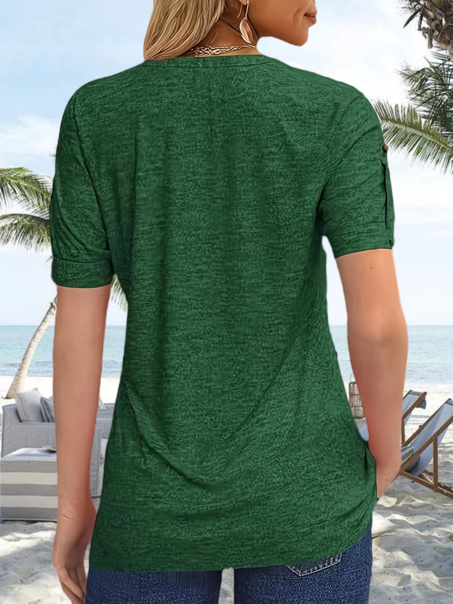 Women's Hot-selling Summer Casual V-Neck Pleated Blouse Short Sleeve Button-Up Solid Color Top