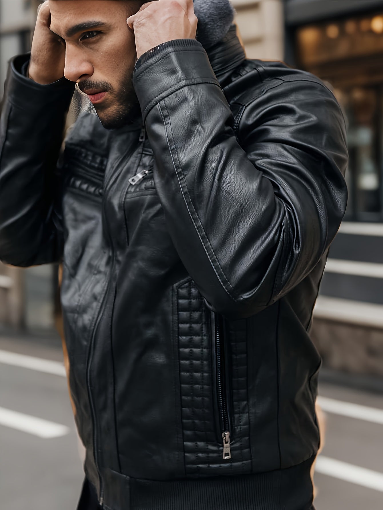 Men's Casual Stand Collar PU PU Leather Zip-Up Motorcycle Bomber Jacket with A Removable Hood ( Belt Included)