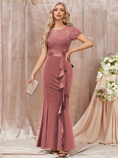 53272 Elegant Womens Sequin Lace Contrast Bridesmaid Maxi Dress, Scoop Neck Short Sleeves, Side Ruffle Detail, Satin Mermaid Hem, Perfect for Graduation Season, Wedding Season, Summer Wedding Guest, Evening Party, Summer Vacation Events And Formal
