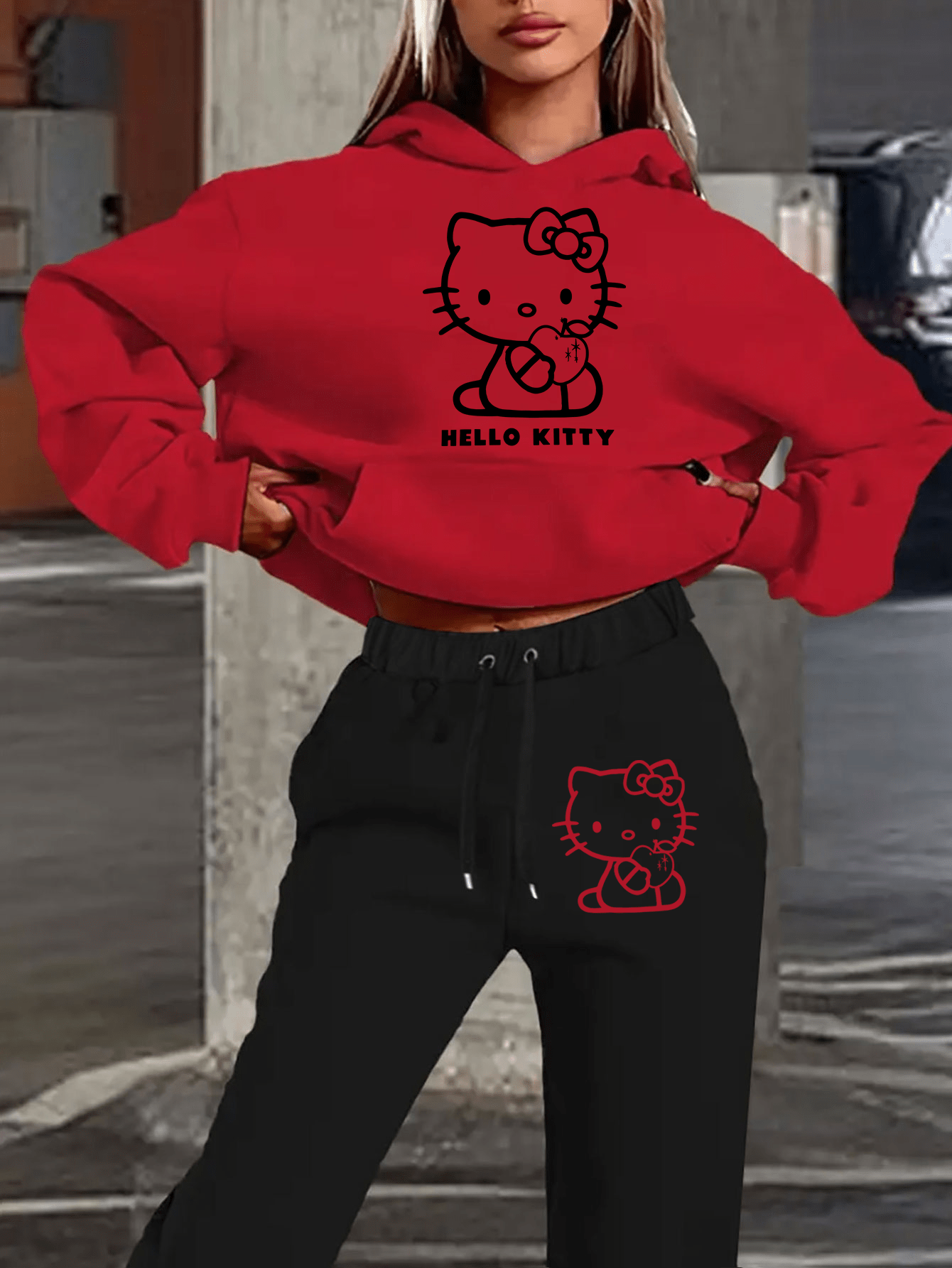 Women's Autumn and Winter Fashion Casual Sweater Casual Pants 2pcs Set, Printed with Sanrio Hello Kitty Pattern Print Design, Women's Casual Pants Set, Fashion Hooded Sweater + Drawstring Trousers 2pcs Set, Loose Version