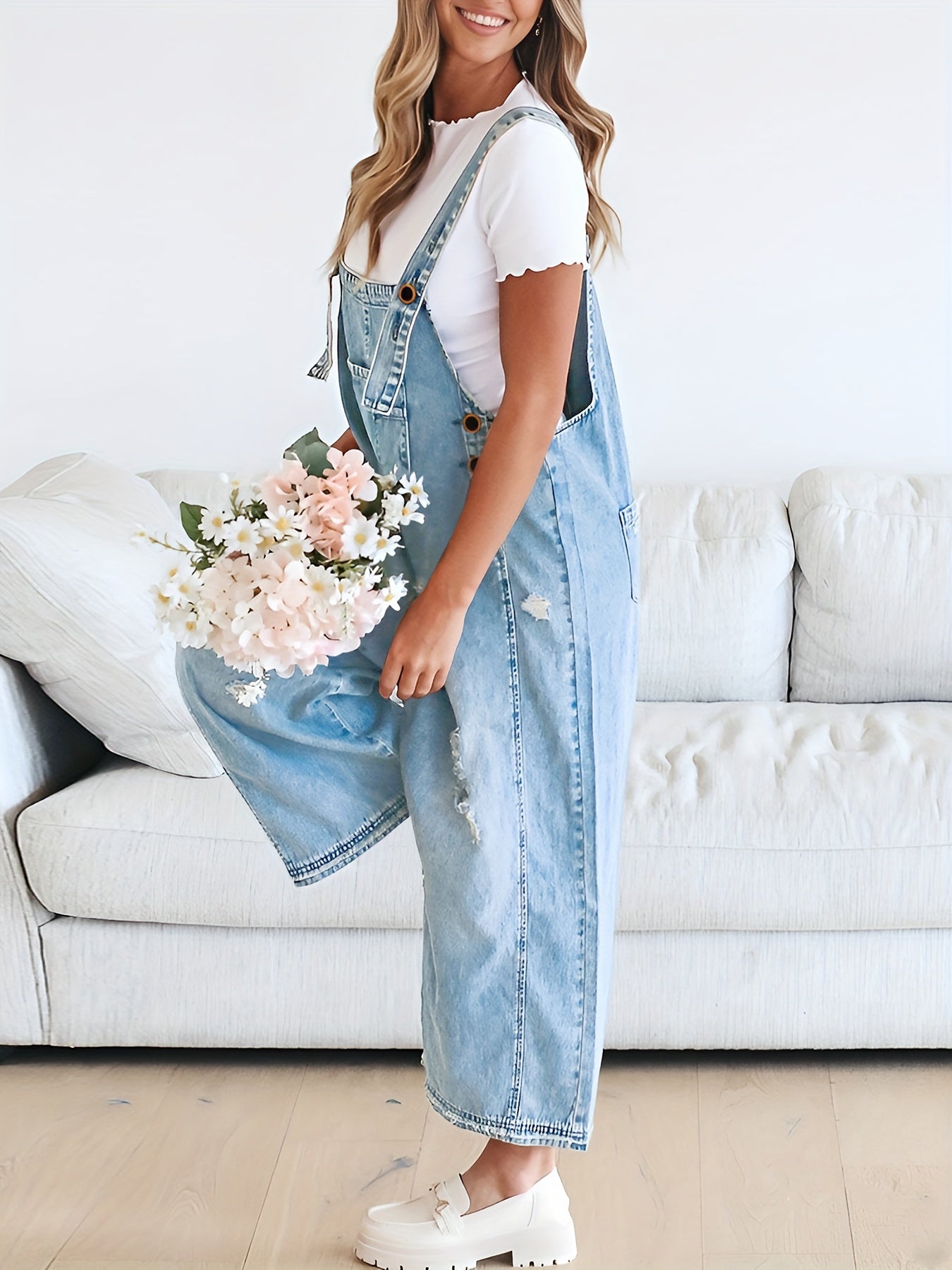 Casual Denim Overalls for Women Featuring a Loose Fit, Adjustable Straps, Distressed Design, And Pockets