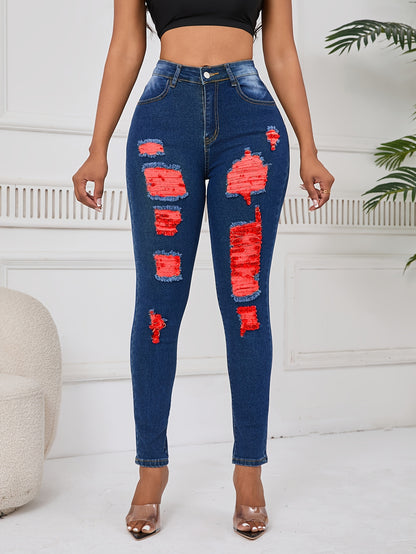 Women Distressed Jeans Women`S Waist Stretch Denim Pants Color Ripped Yellow Detail Skinny Jean for Women