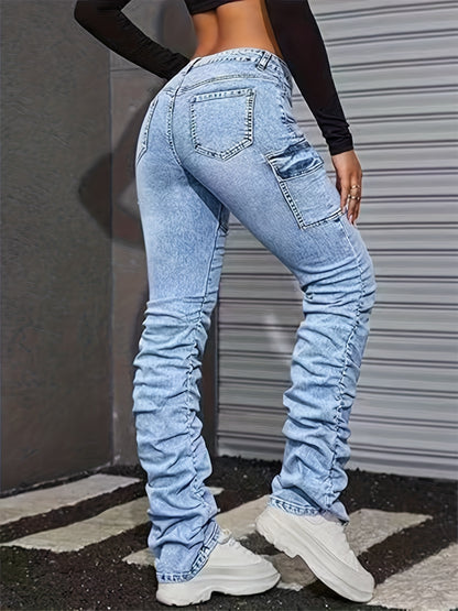 Sky Blue Stretchy Women's Jeans, Slim Fit with Pleated Design On The Legs, Combining Fashion And Practicality
