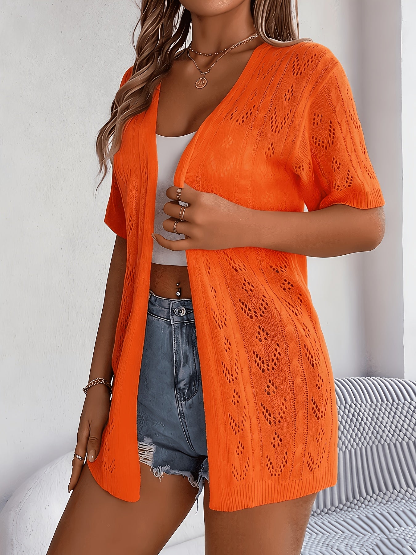Plus Size, Plus Size Women's Lightweight Lace- Cardigan - Open Front Semi-Sheer Cover-Up with Cut-Out Design, Casual Chic Spring/Summer Beachwear for Vacation & Leisure, Summer Layering Piece | Elegant Cardigan | Elegant Craftsmanship, Lace Cardigan