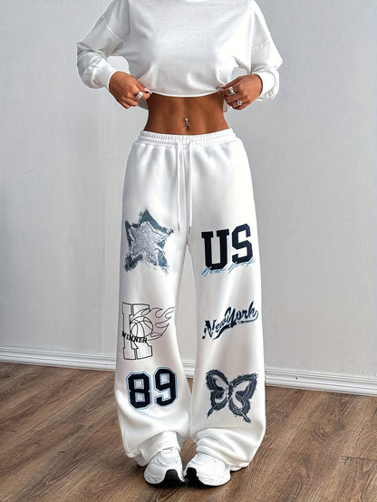 Women'S Casual Print Loose-Fit Pants with Drawstring, And Blend, Machine Washable