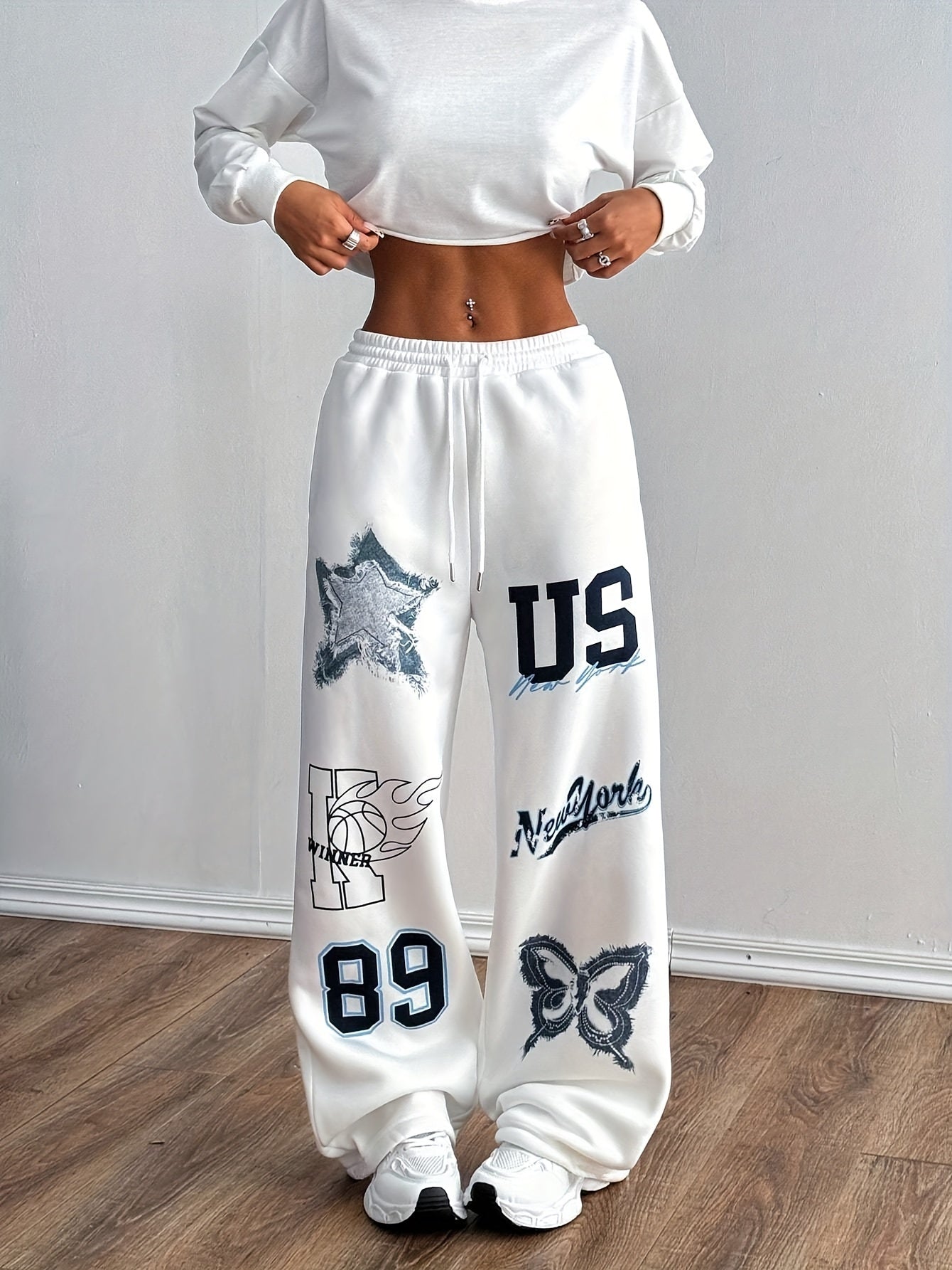 Women'S Casual Print Loose-Fit Pants with Drawstring, And Blend, Machine Washable