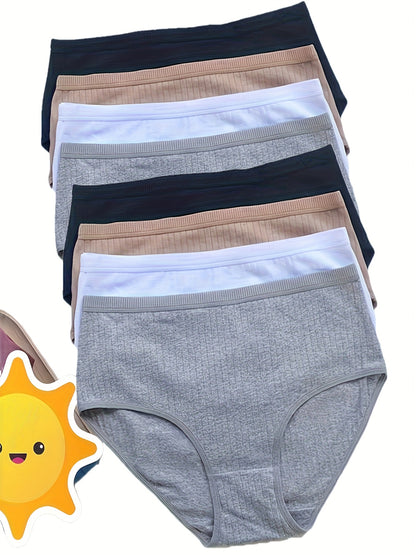 8pcs Of Oversized High Waisted Women's Underwear, 95% 5% Stretch, Breathable, Abdominal Control, Solid Color, Fabric Underwear