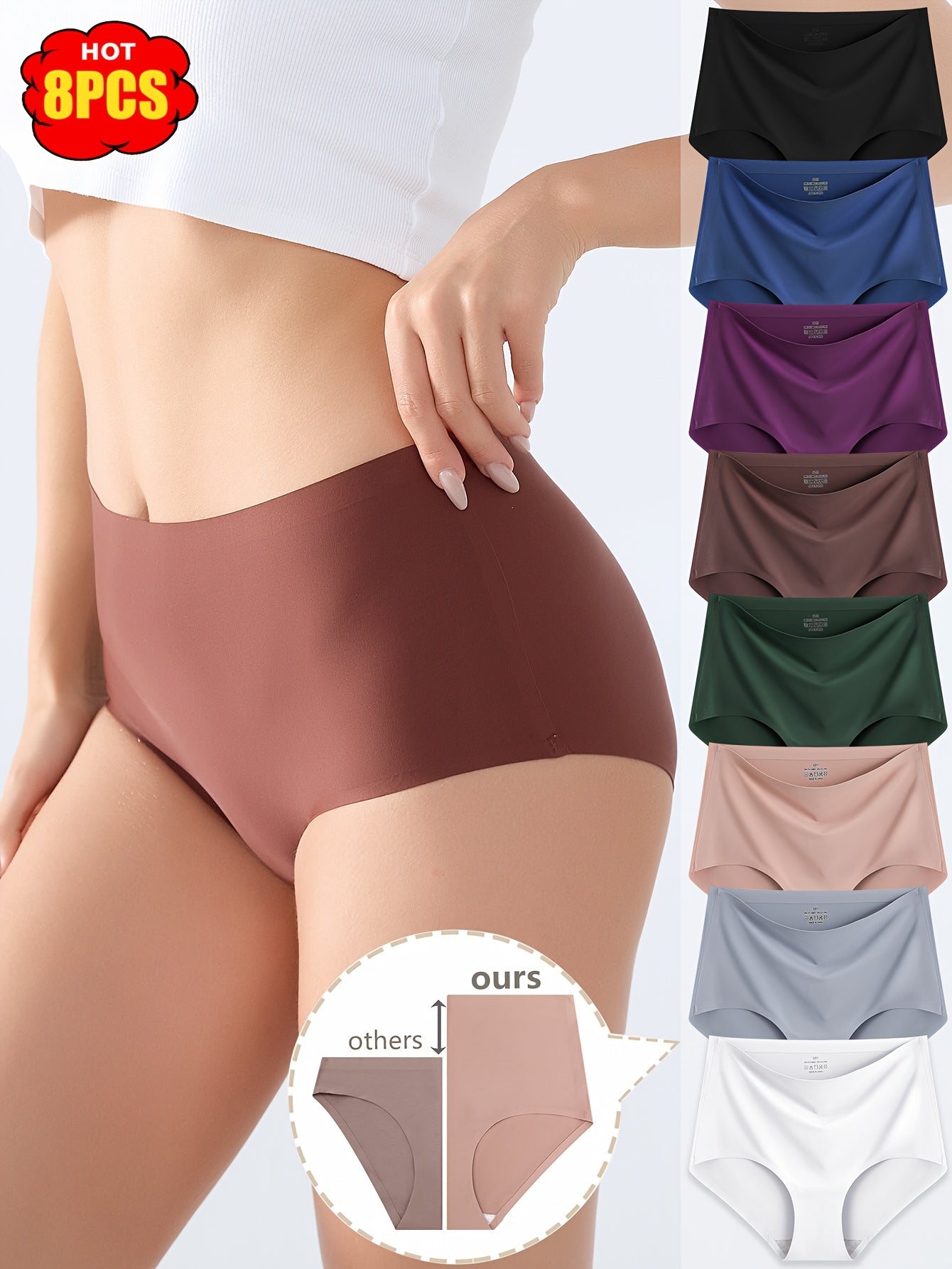 8pcs Women's High-Waisted Seamless Underwear - Full-Brief Triangle Panties with Medium, Soft Breathable No-Show Line for Daily Wear, Elegant Non- Undies (Bulk Reducing)