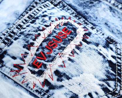 American High Street Light Embroidered Hole Patch Color Matching Trend Casual Straight Jeans - Denim - For Women & Men - Perfect for Casual Wear - Great Gift for Fashion Lovers