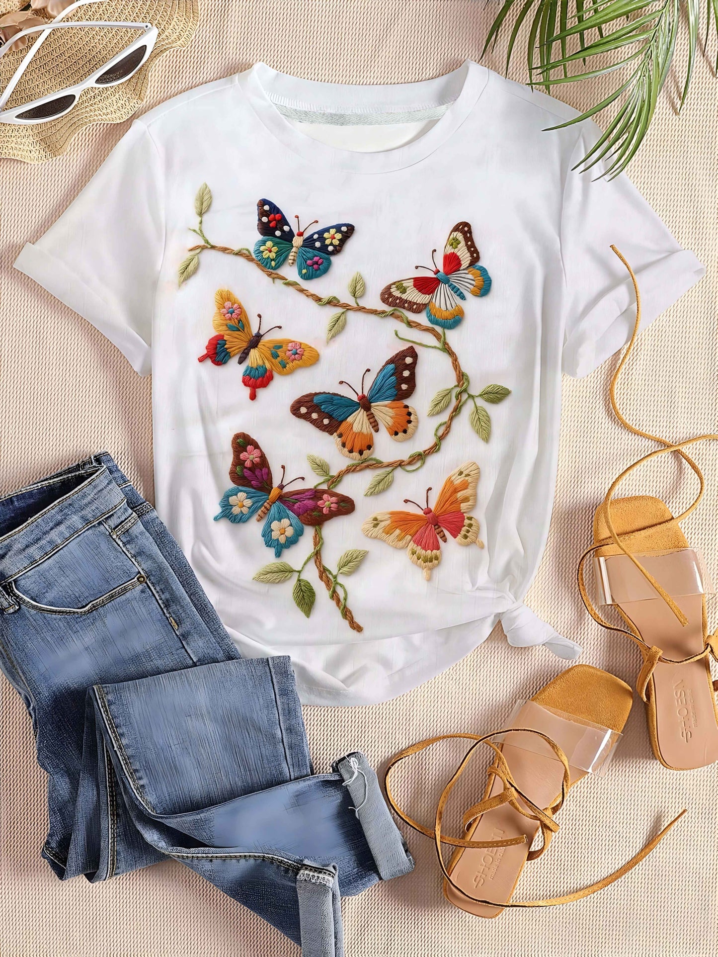 Forest Style Butterfly Wreath Short Sleeve T-Shirt Round Neck Loose White Top Artistic Retro Gentle Style Niche Design Short Sleeve
