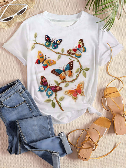 Forest Style Butterfly Wreath Short Sleeve T-Shirt Round Neck Loose White Top Artistic Retro Gentle Style Niche Design Short Sleeve