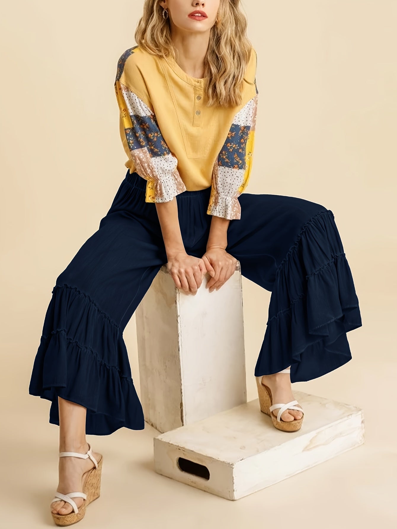Women's Palazzo Pants For Elastic High Waisted Wide Leg Ruffle Ruched Loose Beach Trousers