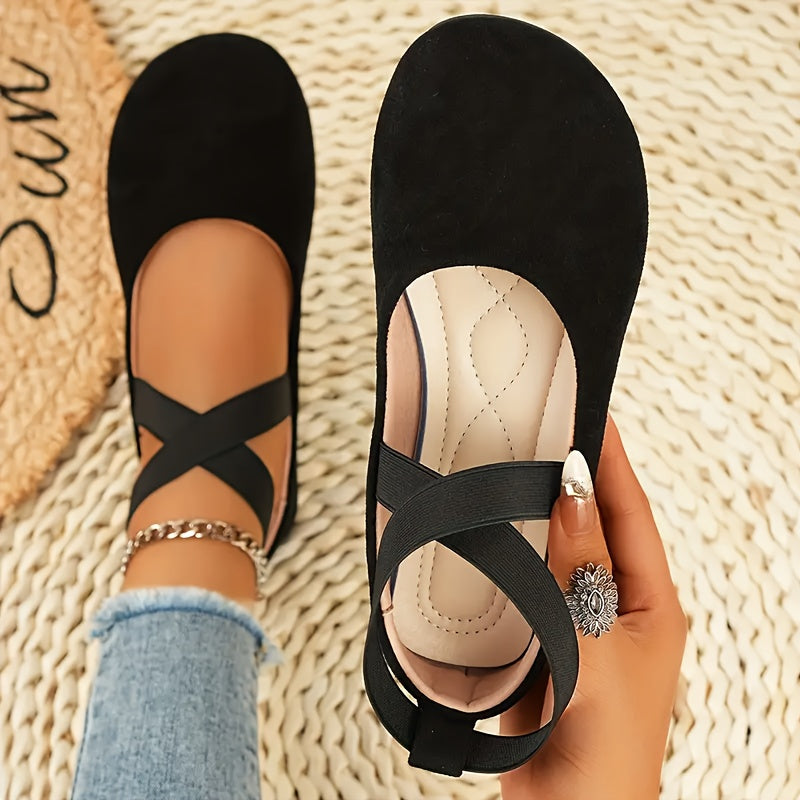 New Spring And Autumn Women'S Velvet Shallow Mouth Elastic Round Head Flat Matching Shoes, Suitable For Work, Leisure, Vacation And Home Use